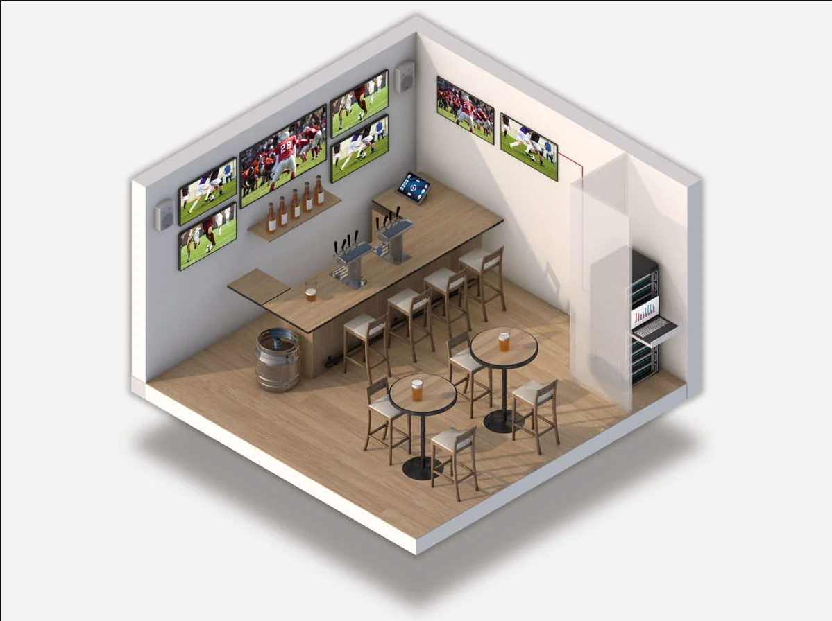 Bar deportivo con múltiples pantallas y sistema audiovisual Kramer