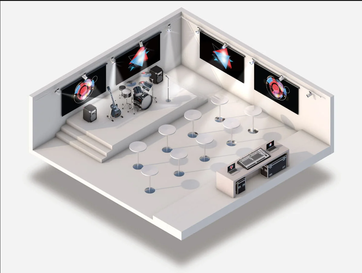 Espacio comercial preparado para experiencias en vivo con pantallas y escenario